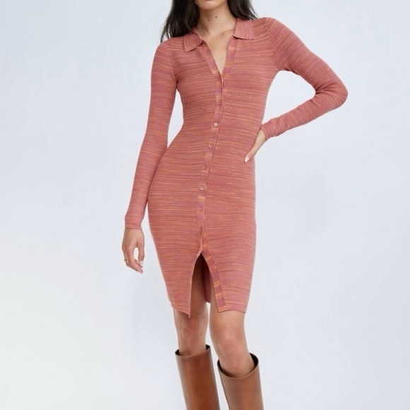 Aritzia Wilfred XS Stripe Ribbed Stretchy Knit Button Down 90s Midi Dress - Picture 13 of 14